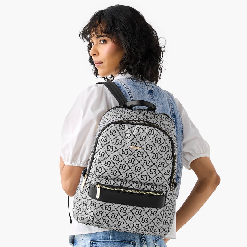 Bessie London Monogram Print Backpack with Adjustable Shoulder Straps and Zip Closure - 30x37x14 cms - Image 2